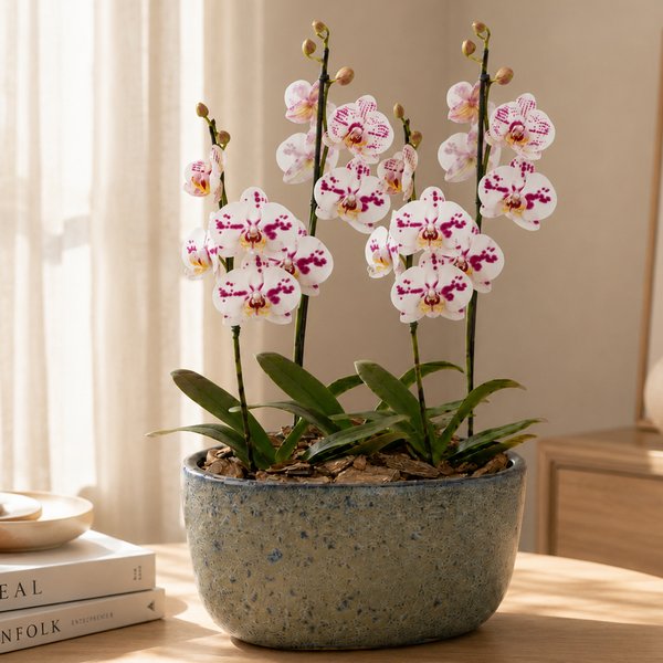Orquídeas Branca Mesclada para Presente na Jardineira Azul