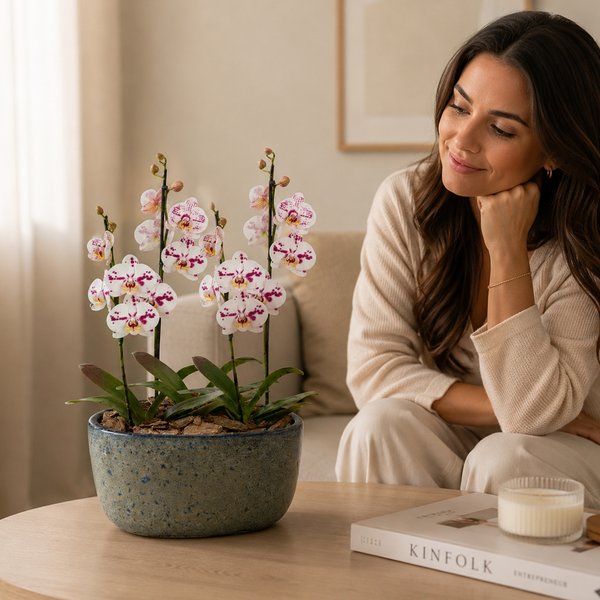 Orquídeas Branca Mesclada para Presente na Jardineira Azul