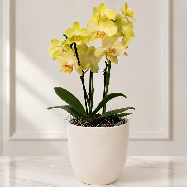 Orquidea Mini Rara Amarela no Delicado Vaso Off White