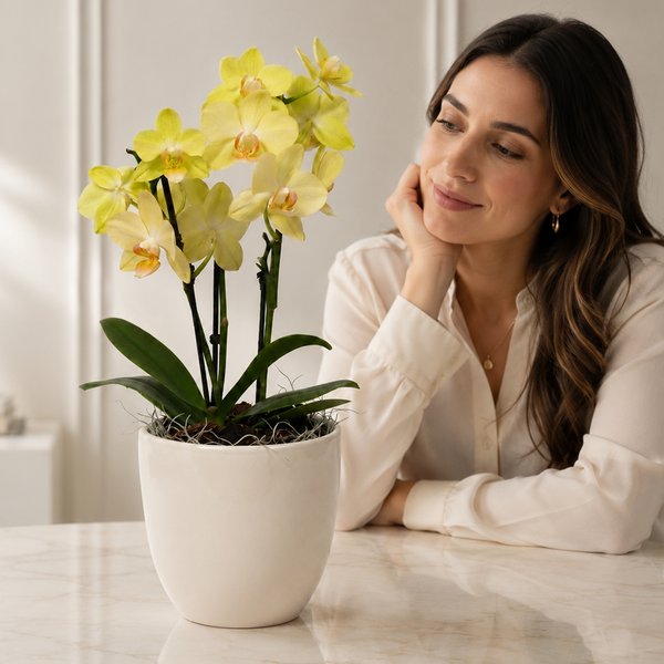 Orquidea Mini Rara Amarela no Delicado Vaso Off White