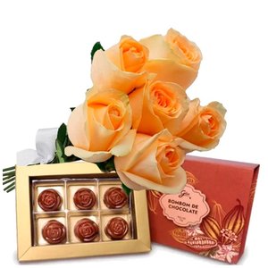 Imagem de Buque de 6 Rosas Champanhe e Caixa de Chocolate Giu