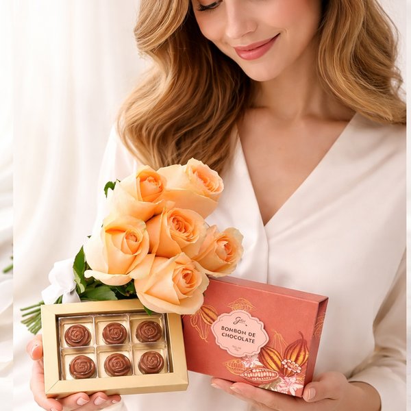 Buque de 6 Rosas Champanhe e Caixa de Chocolate Giu