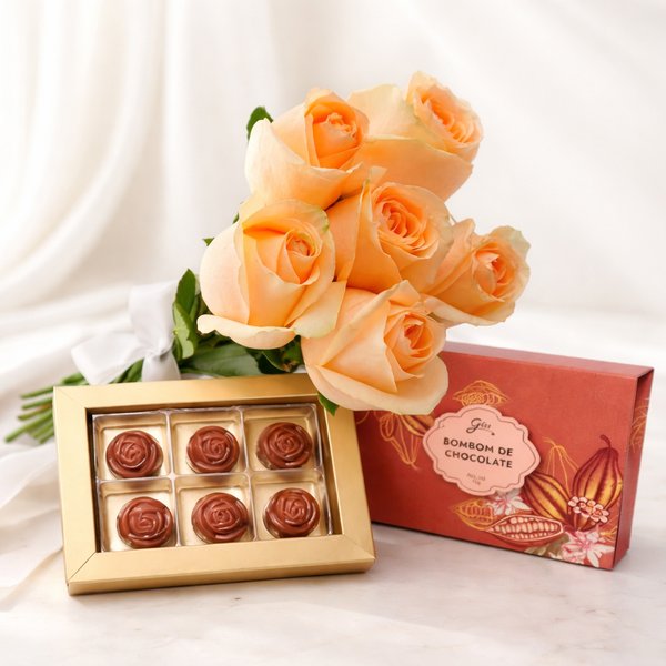 Buque de 6 Rosas Champanhe e Caixa de Chocolate Giu