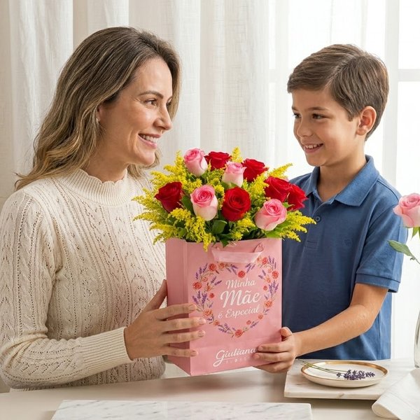 Buquê de 12 Rosas na Sacola Minha Mâe é Especial
