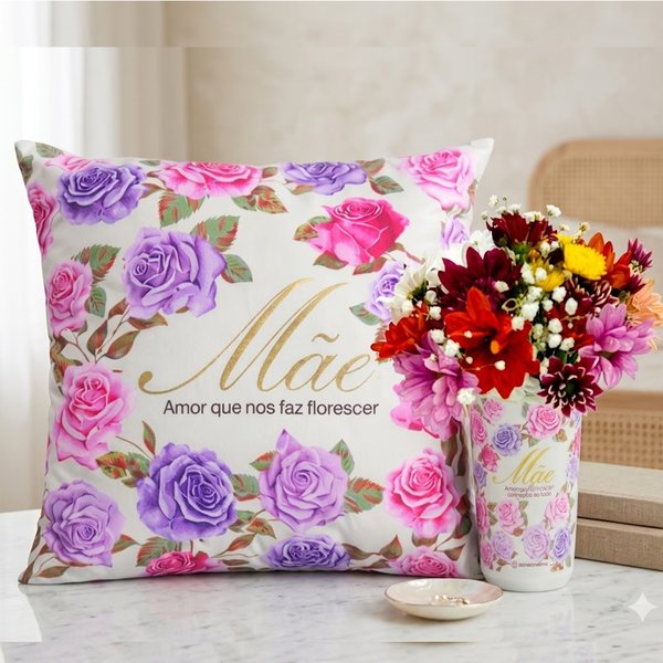 Kit Almofada Florescer e Copo Sky com Flores do Campo