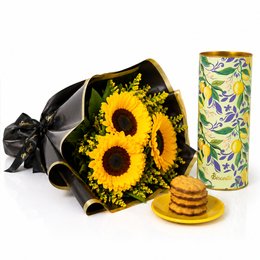 Imagem de Radiante Buquê de 3 Girassóis e Limonê Lata Biscoitê