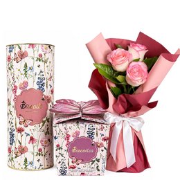 Imagem de Buquê Trio de Rosas Cor de Rosa e Biscoitos Biscoitê