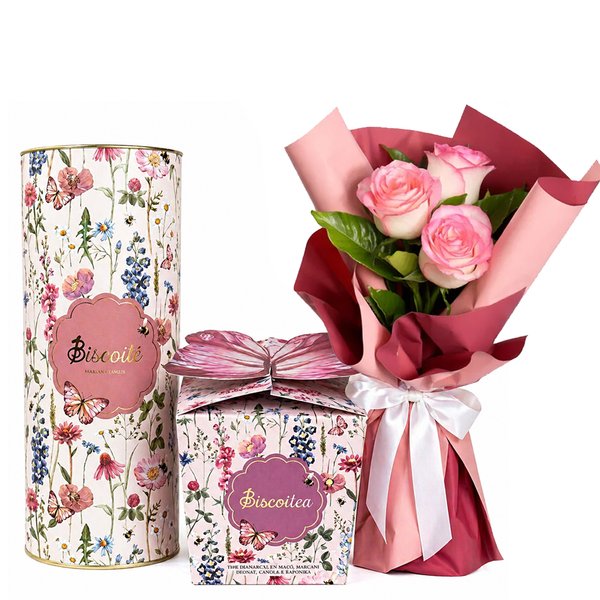 Buquê Trio de Rosas Cor de Rosa e Biscoitos Biscoitê