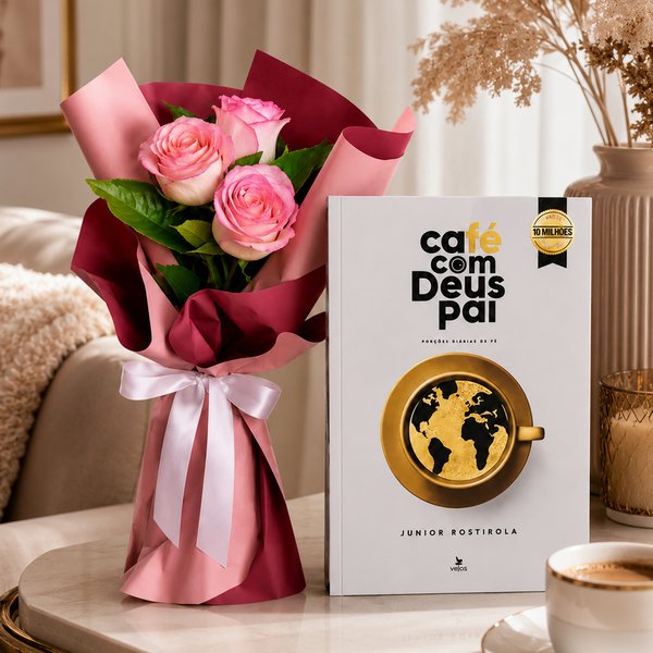 Buquê Trio de Rosas Cor de Rosa e Livro Café com Deus Pai