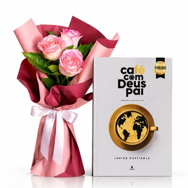 Buquê Trio de Rosas Cor de Rosa e Livro Café com Deus Pai