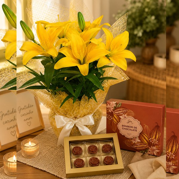 Lírio Amarelo Plantado e Caixa de Chocolate Giu