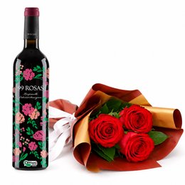 Imagem de Vinho Tinto Espanhol 99 Rosas Cabernet e Buque de 3 Rosas
