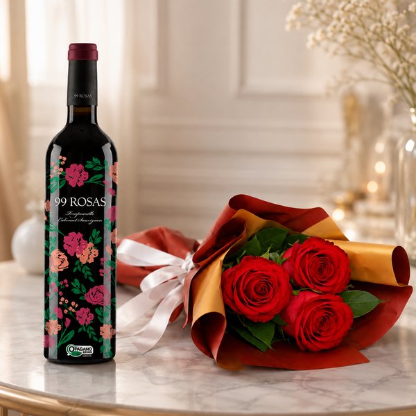 Vinho Tinto Espanhol 99 Rosas Cabernet e Buque de 3 Rosas