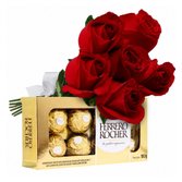 Buquê de 6 Rosas Vermelhas e Ferrero