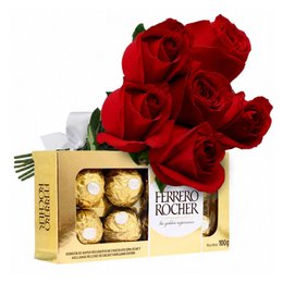 Imagem de Buquê de 6 Rosas Vermelhas e Ferrero
