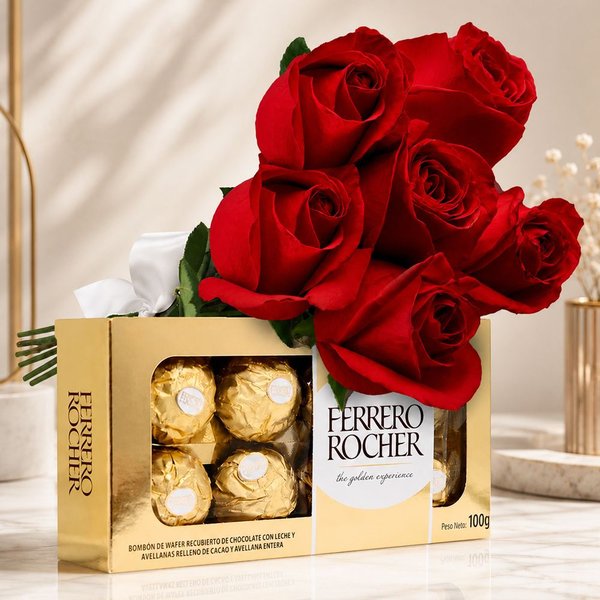 Buquê de 6 Rosas Vermelhas e Ferrero