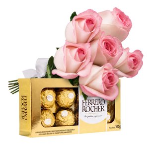 Imagem de Buquê de 6 Rosas Cor de Rosa e Ferrero