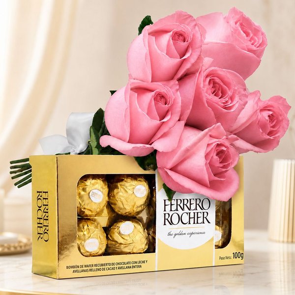 Buquê de 6 Rosas Pink e Ferrero
