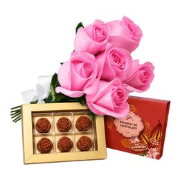 Imagem de Buquê de 6 Rosas Pink e Caixa de Bombom de Chocolate - Giuliana Flores