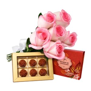 Imagem de Buquê de 6 Rosas Cor Rosa e Caixa de Bombom de Chocolate - Giuliana Flores