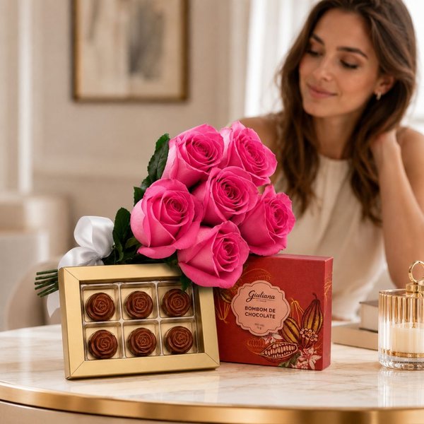 Buquê de 6 Rosas Pink e Caixa de Bombom de Chocolate - Giuliana Flores