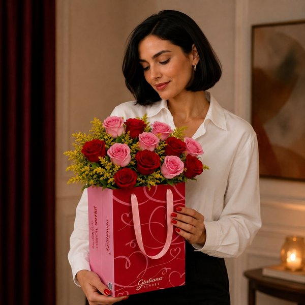 Buquê de 12 Rosas Vermelhas e Cor de Rosa na Bag Love