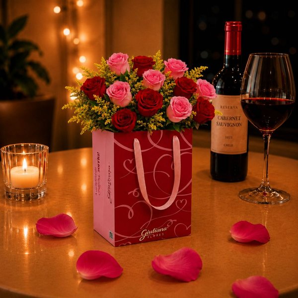 Buquê de 12 Rosas Vermelhas e Cor de Rosa na Bag Love