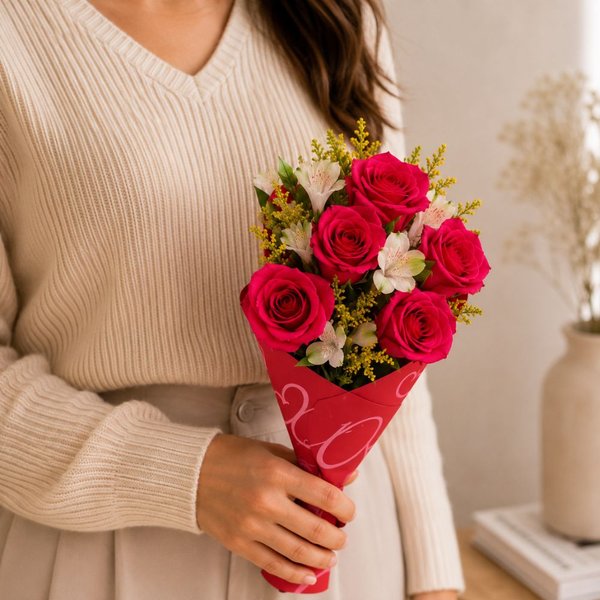 Buquê Encanto com 5 Rosas Pink Love