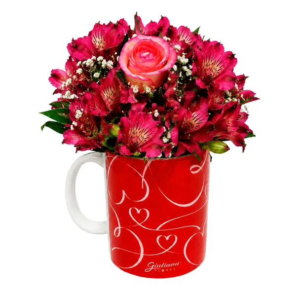 Buquê Império com Astromélias Roxas na Caneca Love
