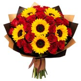 Buquê de 6 Girassóis e 24 Rosas Vermelhas