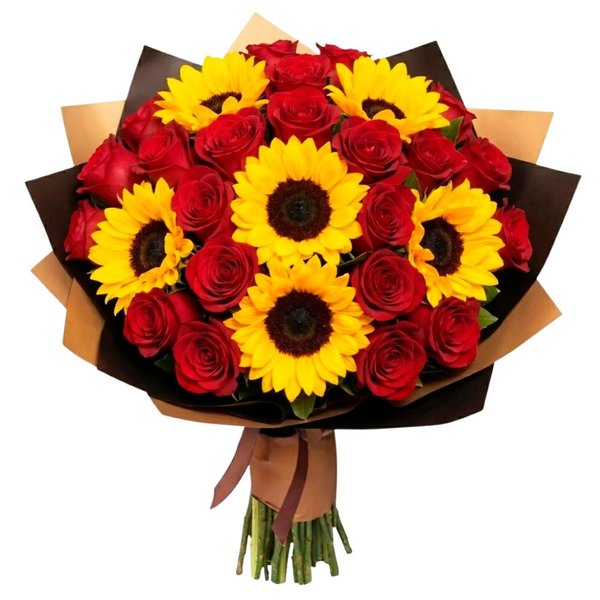 Buquê de 6 Girassóis e 24 Rosas Vermelhas