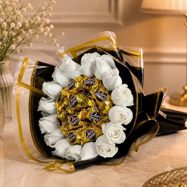 Charmoso Buquê de Rosas Brancas e Ouro Branco