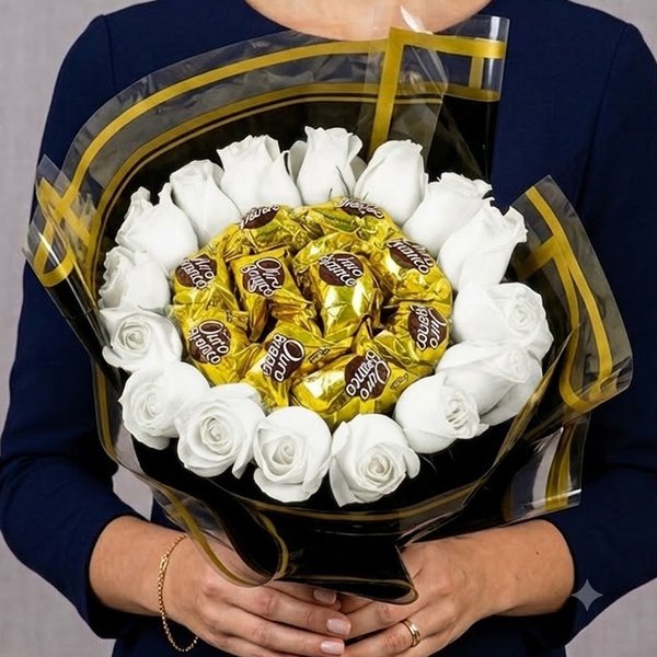Charmoso Buquê de Rosas Brancas e Ouro Branco