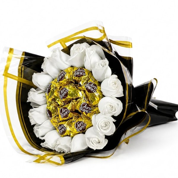 Charmoso Buquê de Rosas Brancas e Ouro Branco