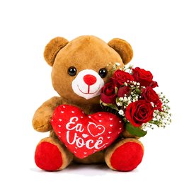 Imagem de Mini Buquê de Rosa Spray Vermelho e Urso Narizinho
