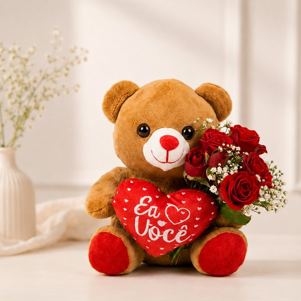 Mini Buquê de Rosa Spray Vermelho e Urso Narizinho