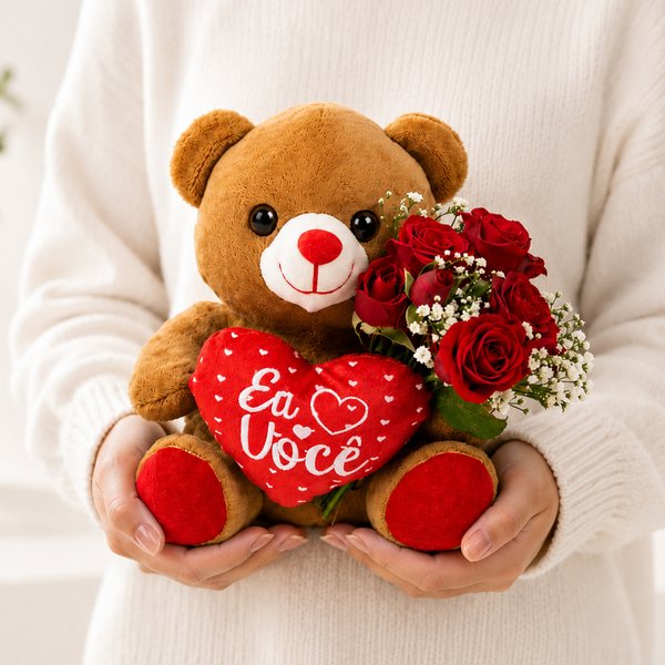 Mini Buquê de Rosa Spray Vermelho e Urso Narizinho