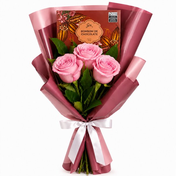 Buquê Trio de Rosas Cor de Rosa e Chocolate Giuliana Flores