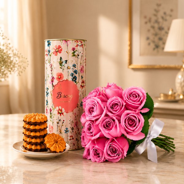 Buquê de 12 Rosas Lilás e  Lata Biscoitê