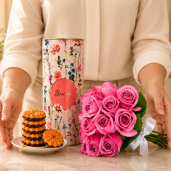 Buquê de 12 Rosas Lilás e  Lata Biscoitê