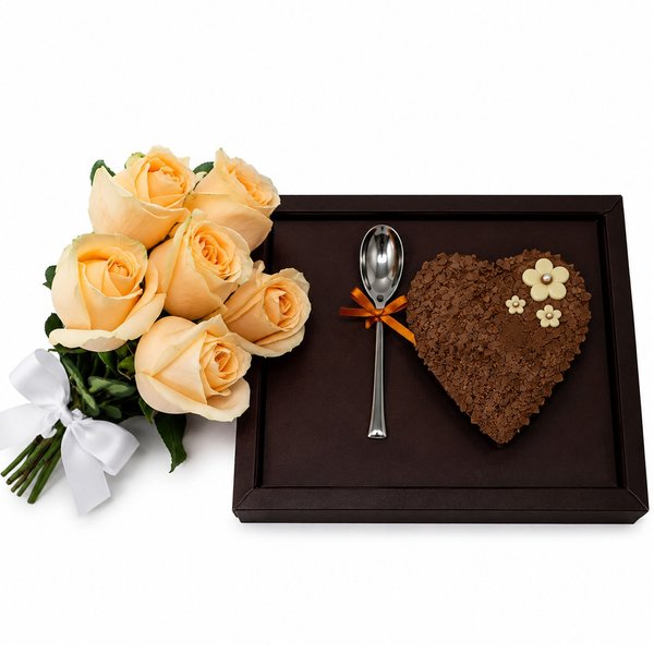 Buquê de 6 Rosas Champanhe e Coração Trufado