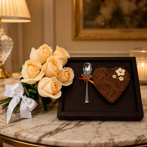 Buquê de 6 Rosas Champanhe e Coração Trufado