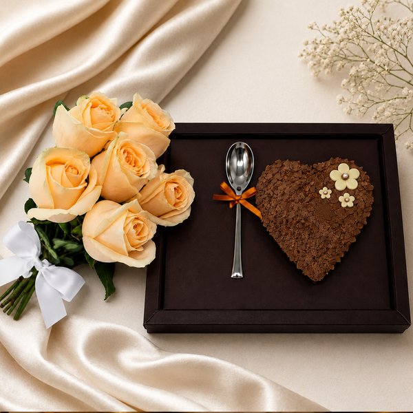 Buquê de 6 Rosas Champanhe e Coração Trufado