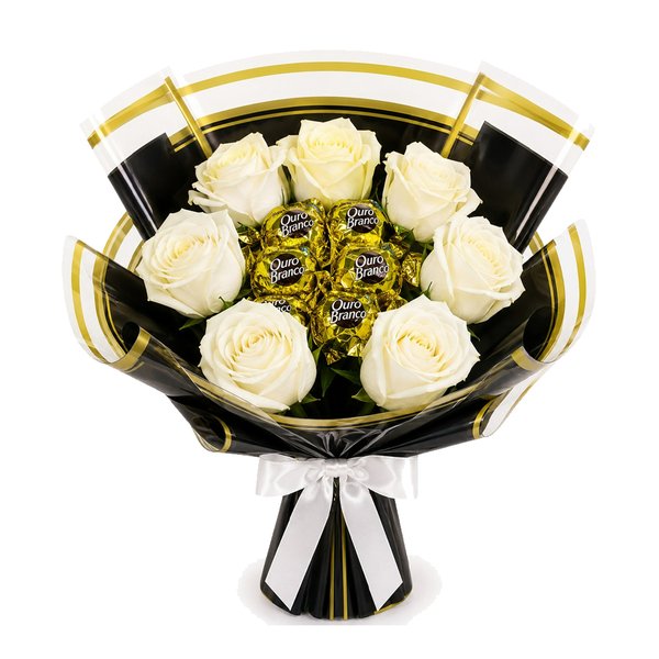Delicado Buquê de Rosas Brancas e 5 Ouro Branco