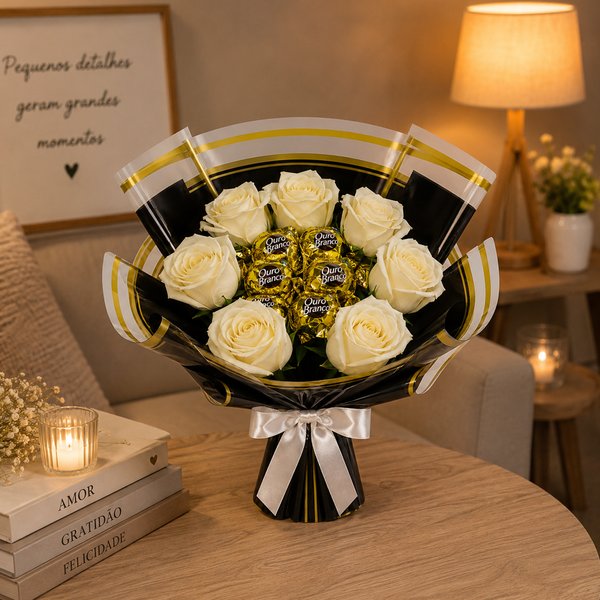 Delicado Buquê de Rosas Brancas e 5 Ouro Branco