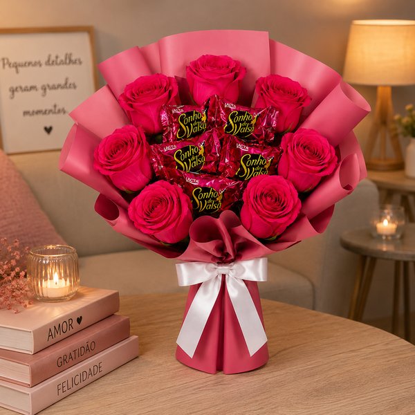 Delicado Buquê de Rosas Pink e 5 Sonho de Valsa