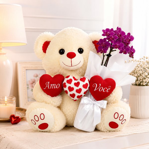 Urso de Pelúcia 3 Corações e Mini Rara Lilás