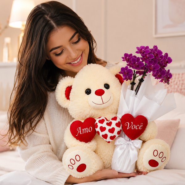 Urso de Pelúcia 3 Corações e Mini Rara Lilás