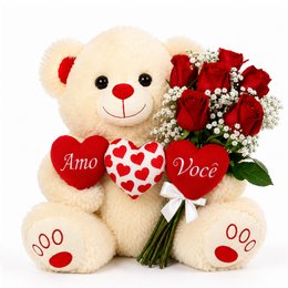 Imagem de Urso de Pelúcia 3 Corações e Buquê de Rosas Vermelhas