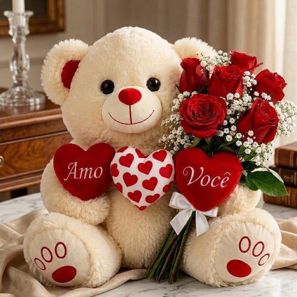 Urso de Pelúcia 3 Corações e Buquê de Rosas Vermelhas